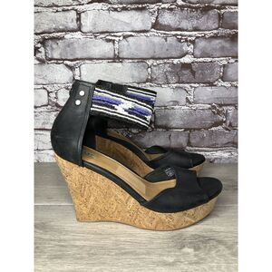 UGG Jacinda Black Leather Platform Beaded Ankle Strap Cork Wedge Sandals Women 9